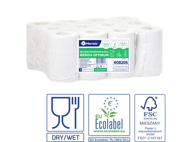Ręczniki papierowe w roli MERIDA OPTIMUM MINI, białe, średnica 13,5 cm, długość 60 m, dwuwarstwowe, zgrzewka 12 szt., ECOLABEL